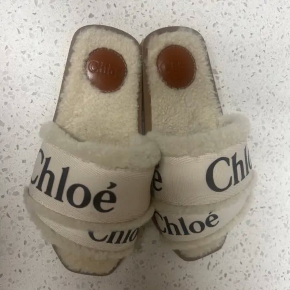 Worn Once Chloe shearling slides